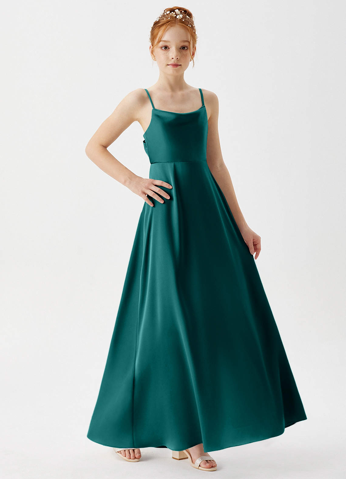 Azazie Shale Junior Abito A-Line in Raso Elasticizzato Verde Pavone image3