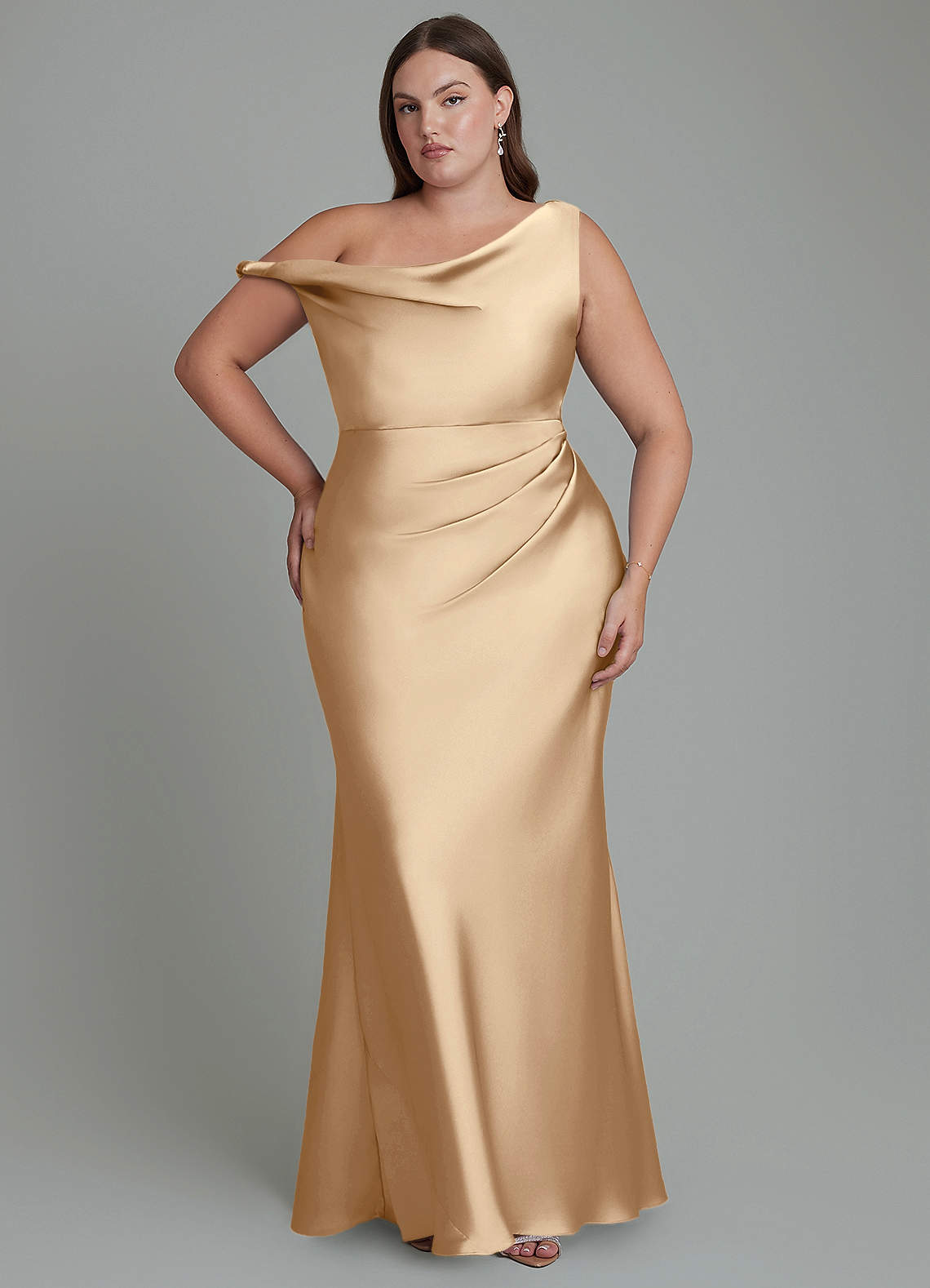 Azazie Emerson Bridesmaid Dresses Champagne Mermaid Off the Shoulder Stretch Satin Dress image1