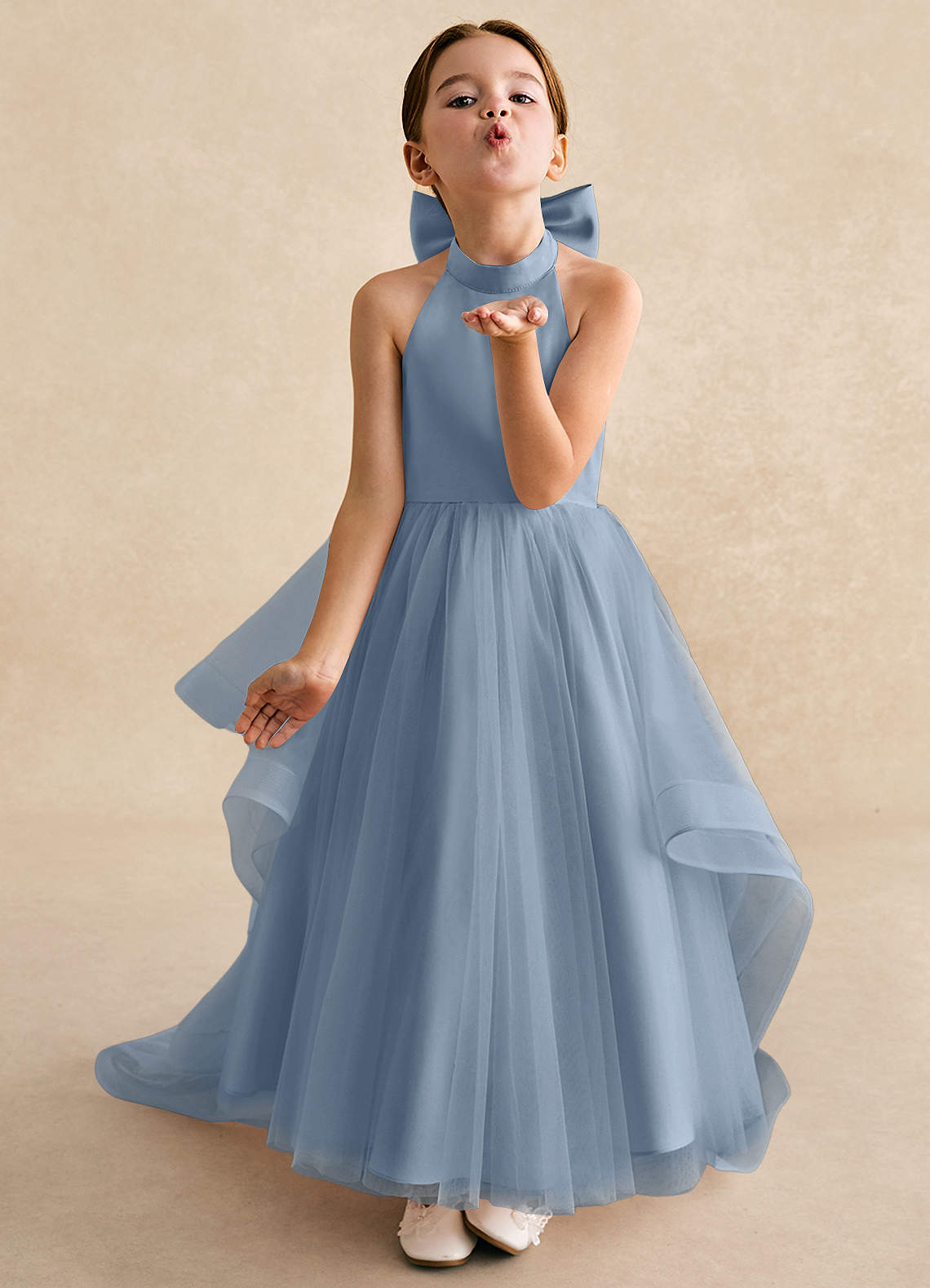 Azazie Bev Flower Girl Dresses Dusty Blue A-Line Convertible Tulle Dress image3