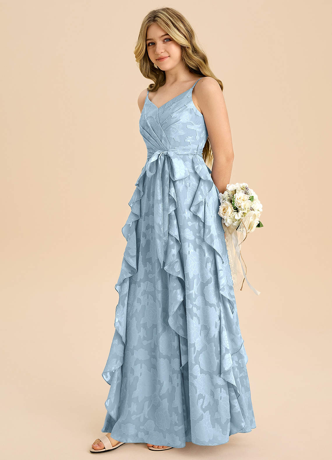 Azazie Peyton Junior Vestido de Azul Cielo de Devorado Floral de Corte en A con Plisado image4