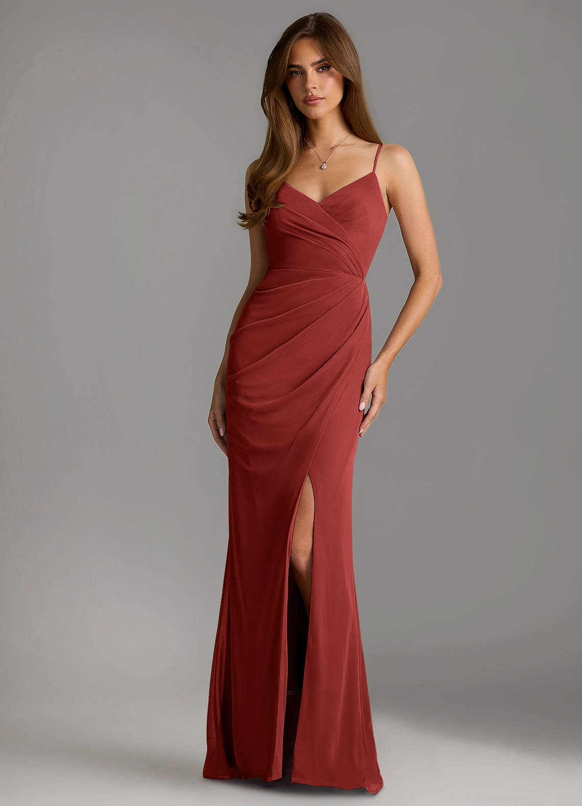 Azazie Maci Bridesmaid Dresses Rust Sheath Pleated Mesh Dress image1