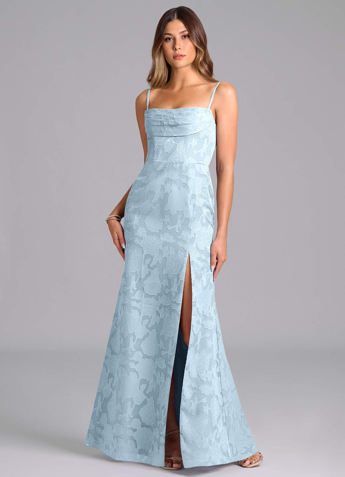 Azazie A-Line Off The Shoulder Floor-Length Floral Burnout Bridesmaid Dresses - Sky Blue
