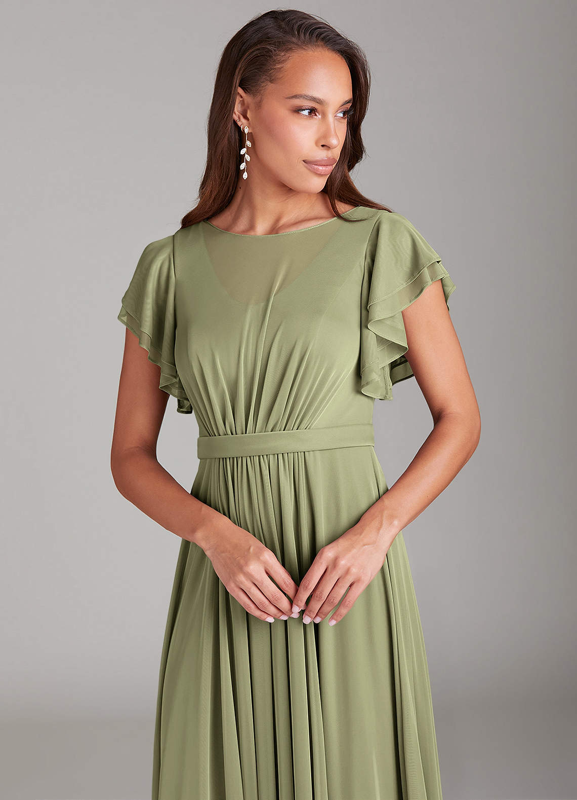 Azazie Daphne At-home Try On Dresses A-Line Ruched Mesh Floor-Length Dress image3