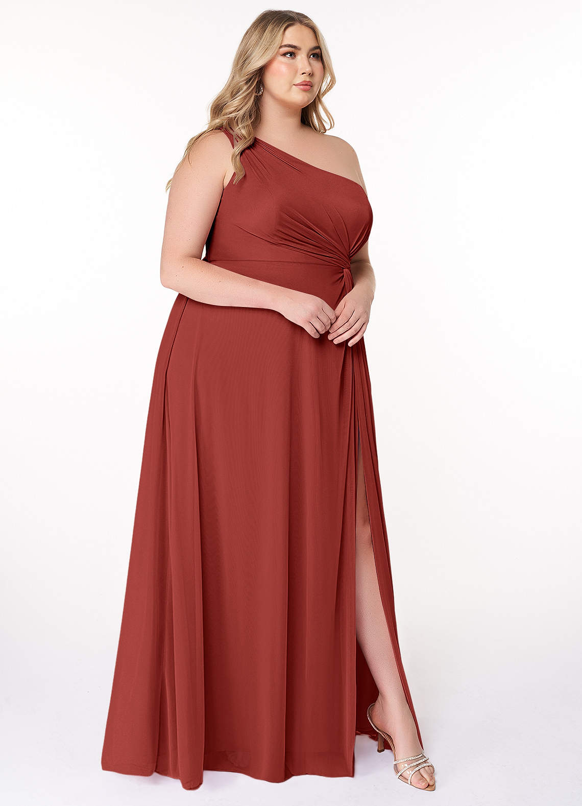 Azazie Brooke Robes de demoiselle d'honneur Robe Trapèze en Maille Une épaule Terracotta image8