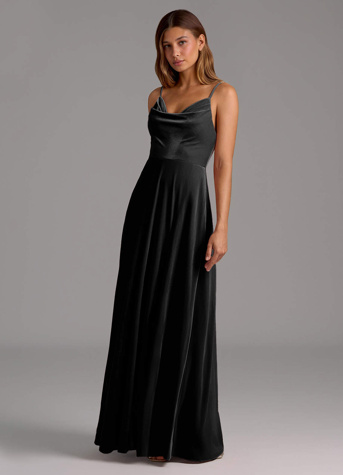 Azazie Sarella Bridesmaid Dresses Black A-Line Pleated Velvet Dress image1