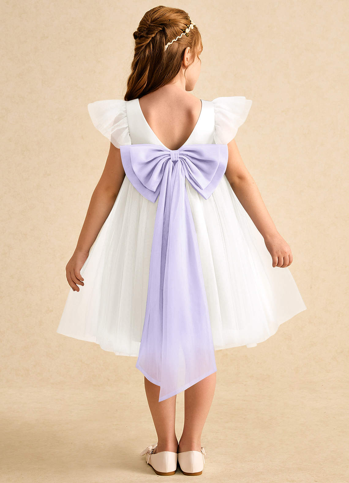 Azazie Munchkin Abiti da Ragazza di Fiori Abito A-Line in Tulle Fiocco Avorio Lilla image1