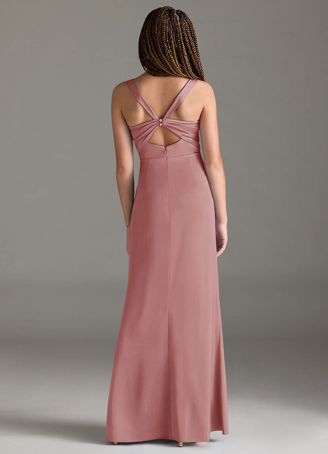 Azazie Mero Junior Vestido de Rosa Polvorienta de Satén Elástico de Corte Sirena con Plisado image4