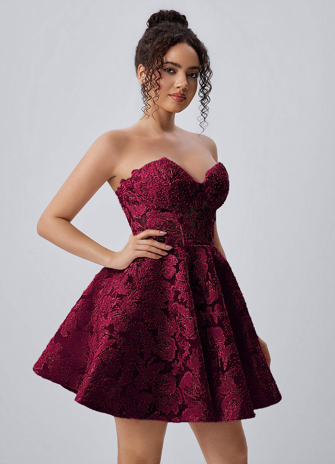 Mireille Burgundy Strapless Floral Lace Corset Skater Mini Dress