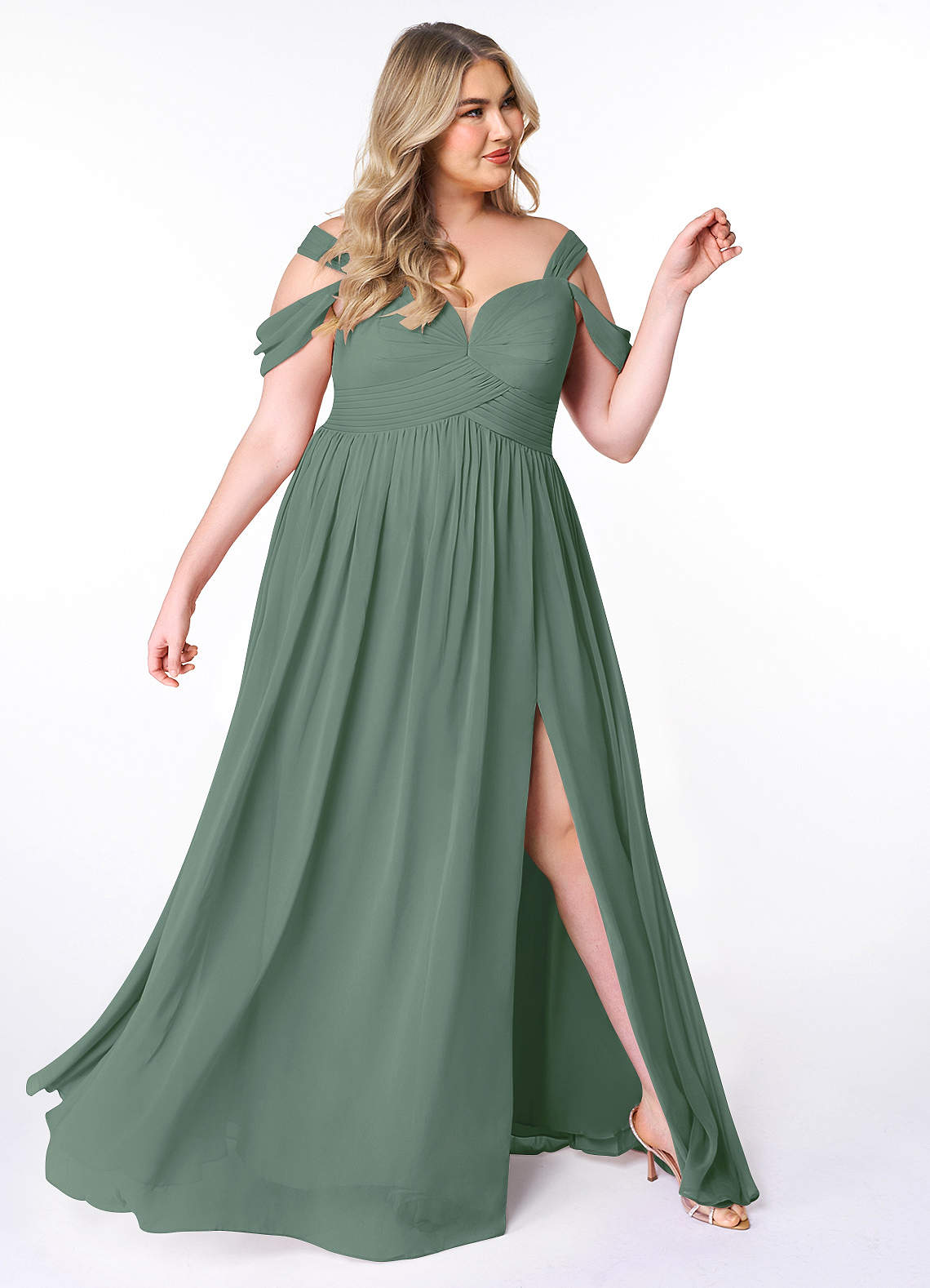 Azazie Plus Size A-Line Off The Shoulder Floor-Length Chiffon Bridesmaid Dresses - Eucalyptus Azazie Lianne Eucalyptus Bridesmaid Dresses | Azazie
