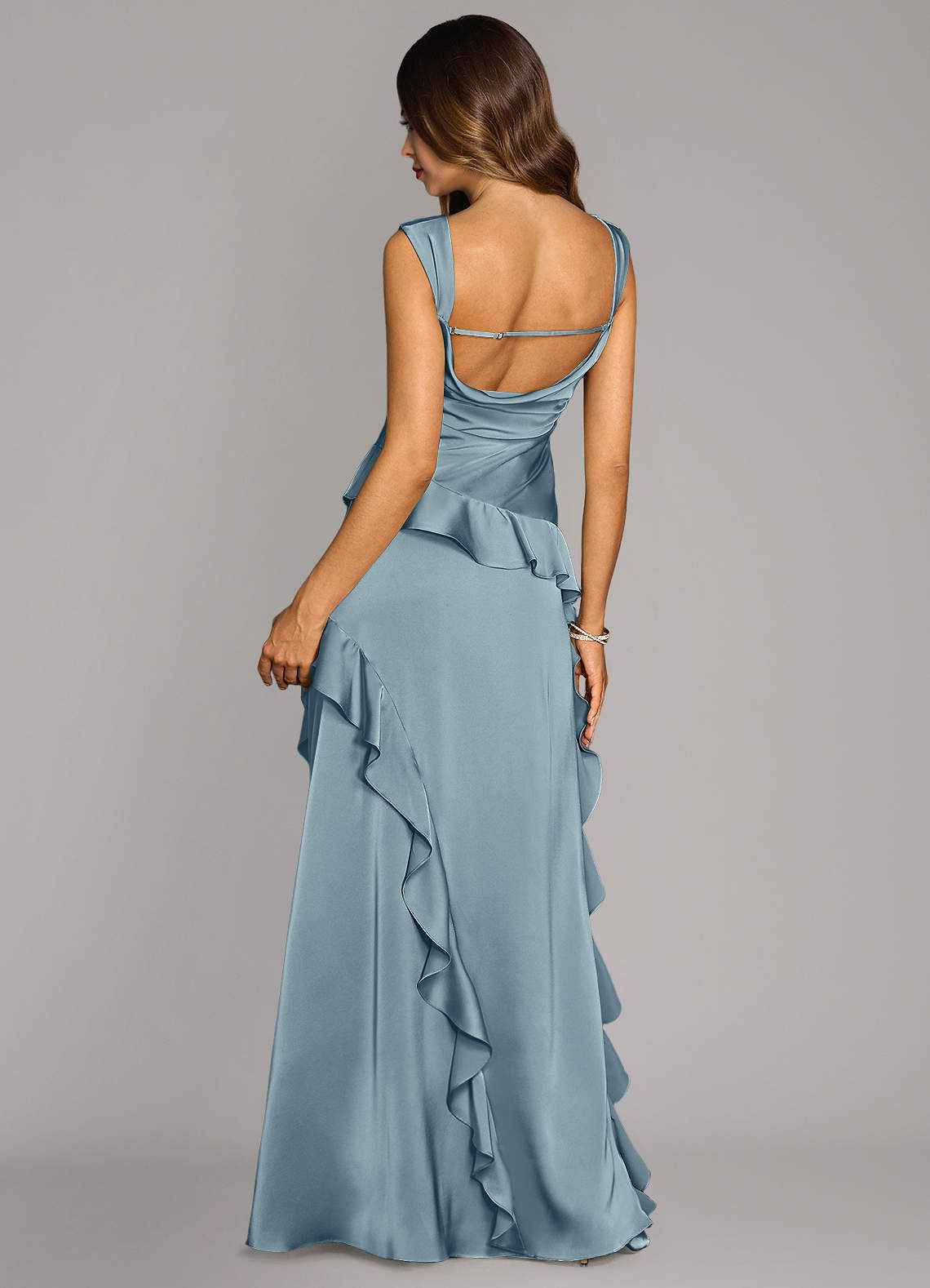 Azazie Sloane Bridesmaid Dresses Dusty Blue A-Line Sweetheart Neckline Stretch Satin Dress image1