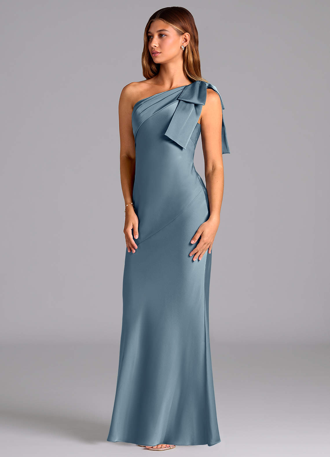Azazie Yuanna Bridesmaid Dresses Dusty Blue Mermaid One Shoulder Stretch Satin Dress image3