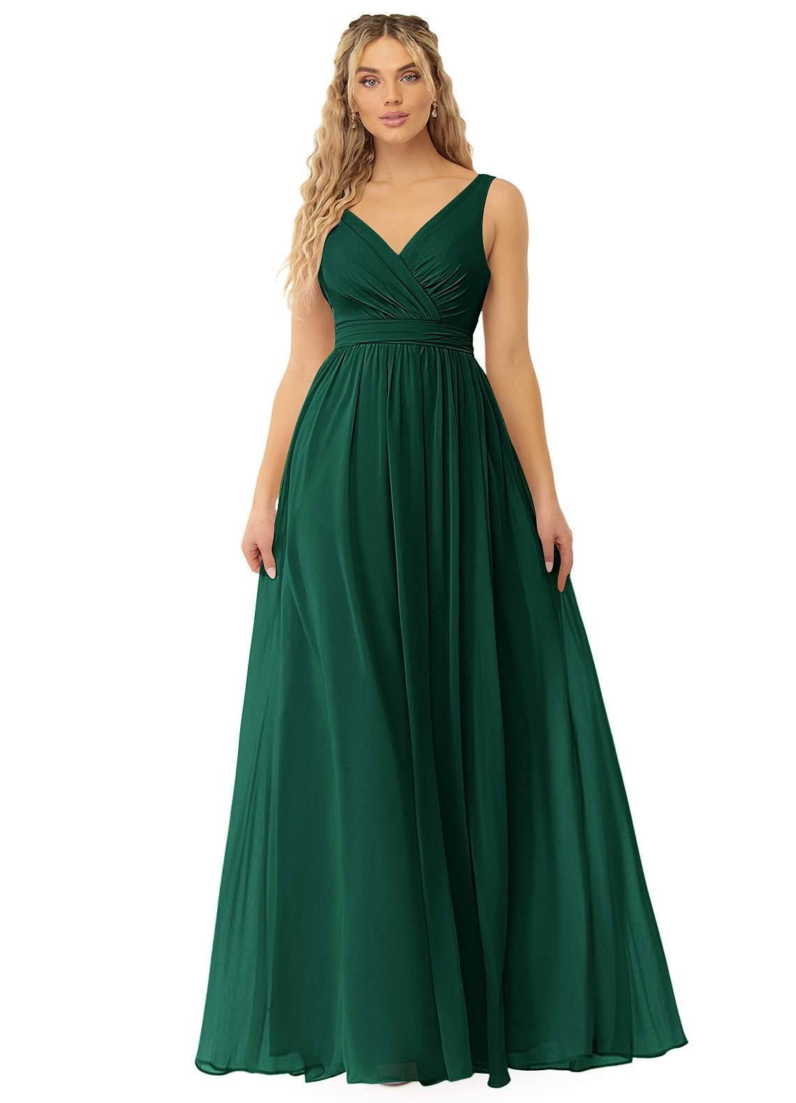 Azazie Kora Bridesmaid Dresses Emerald A-Line Pleated Chiffon Dress image1