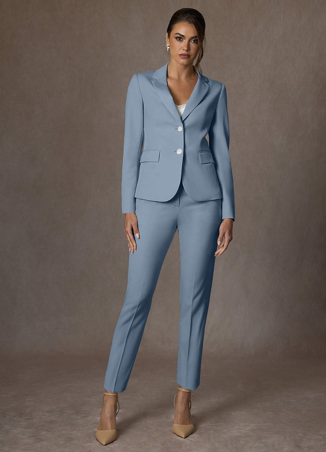 front Whitney Dusty Blue Structured Stretch Full Length Pants Suit
