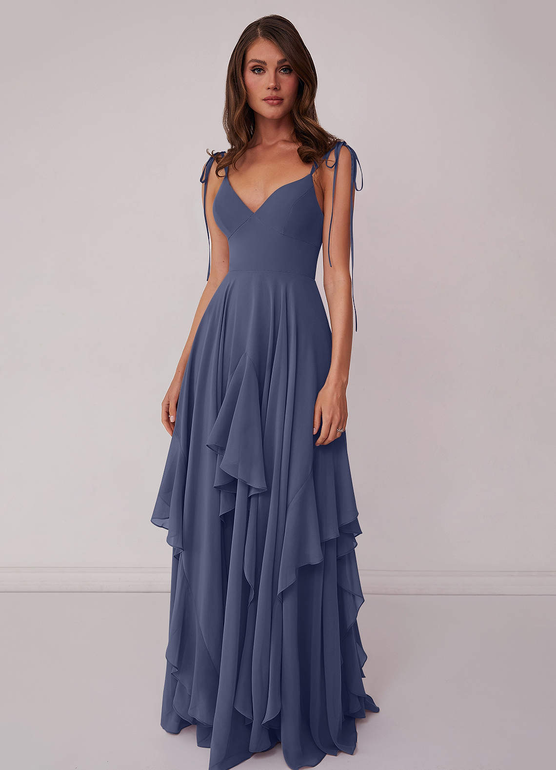 A-line V-neck Chiffon Tiered Skirt Dresses Blue Plus Size
