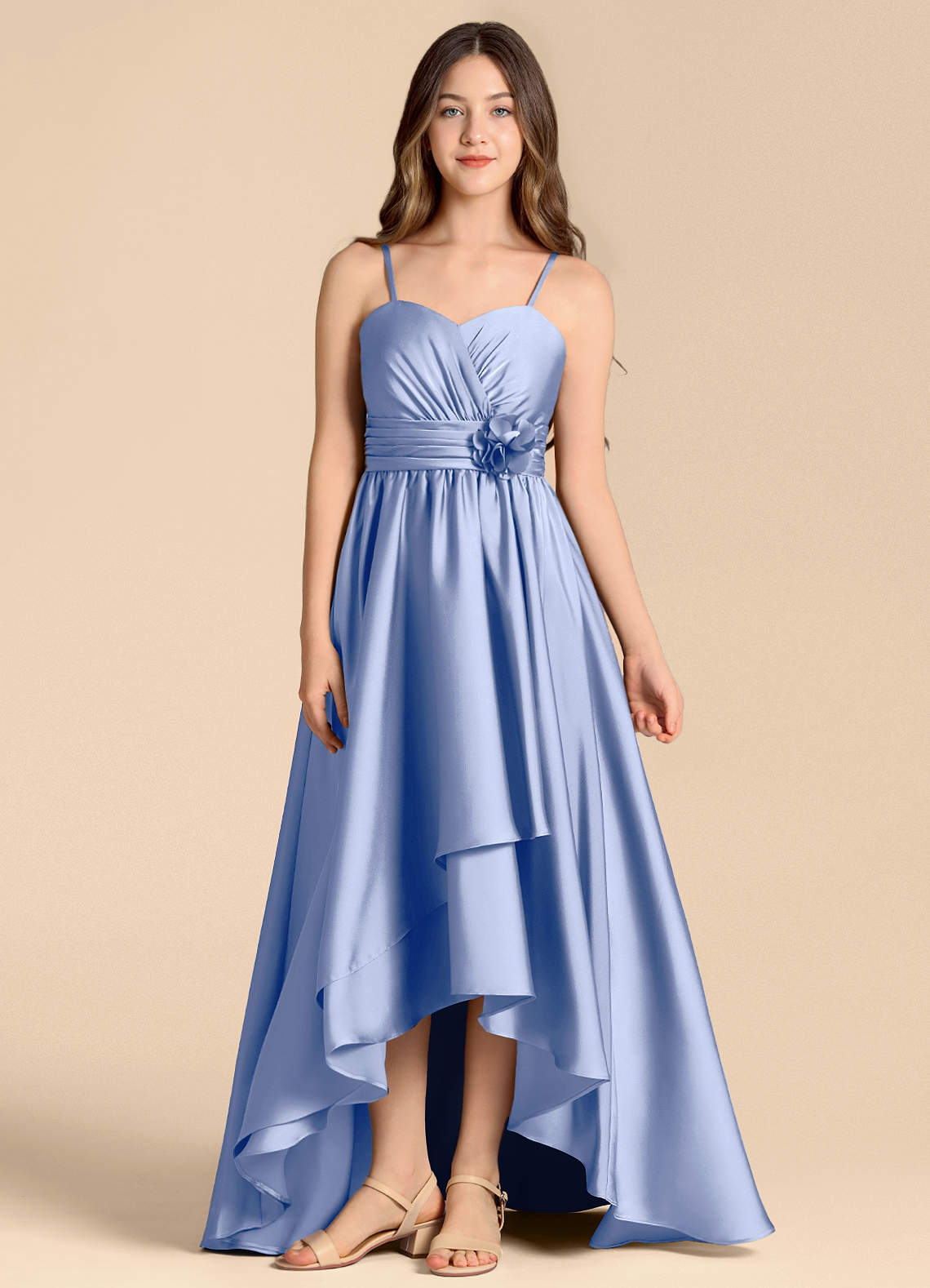 Azazie Catalina Junior A라인 스윗하트 네크라인 스트레치 새틴 비대칭 주니어 신부 들러리 드레스 image1