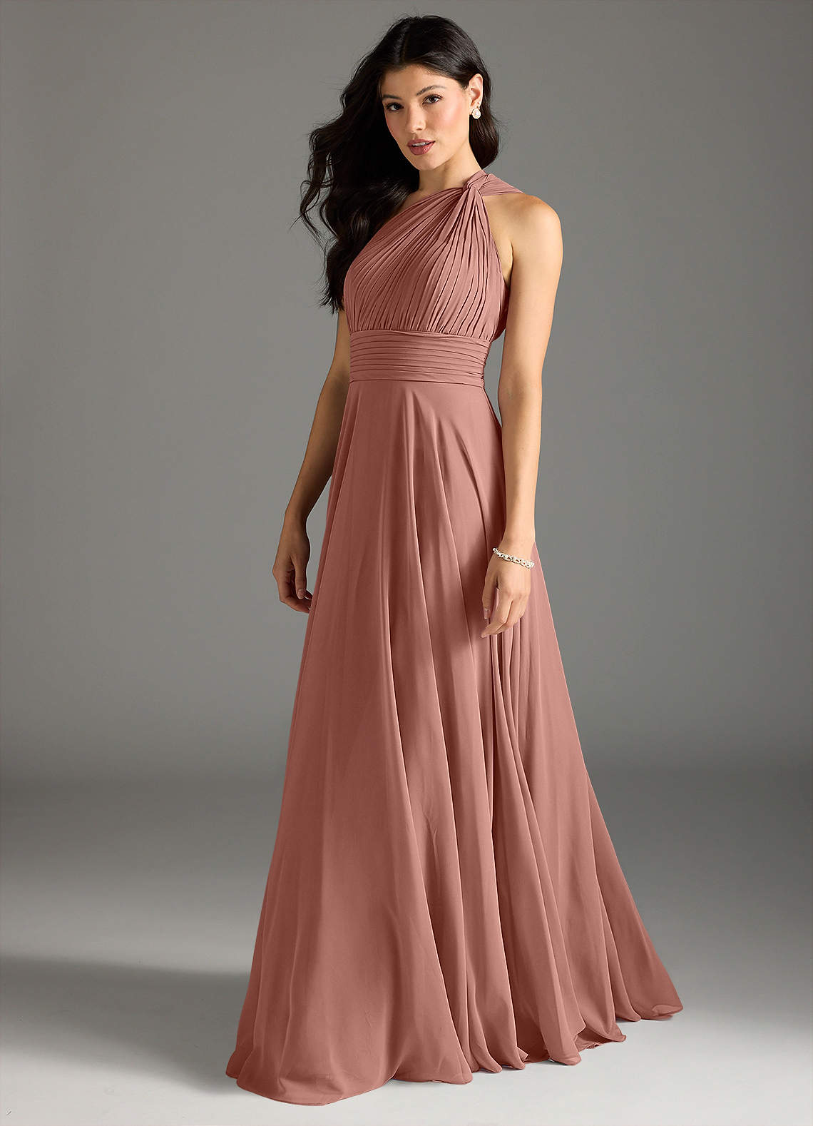 Azazie Charlize Bridesmaid Dresses Cedar Rose A-Line One Shoulder Chiffon Dress image3