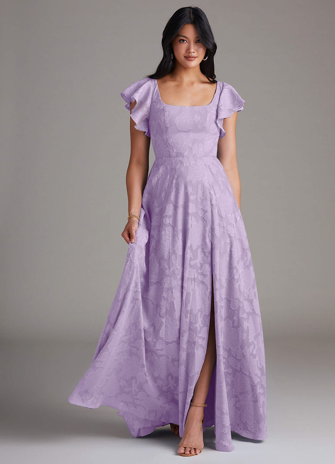 Azazie Bondi Bridesmaid Dresses Lilac A-Line Side Slit Floral Burnout Dress image1