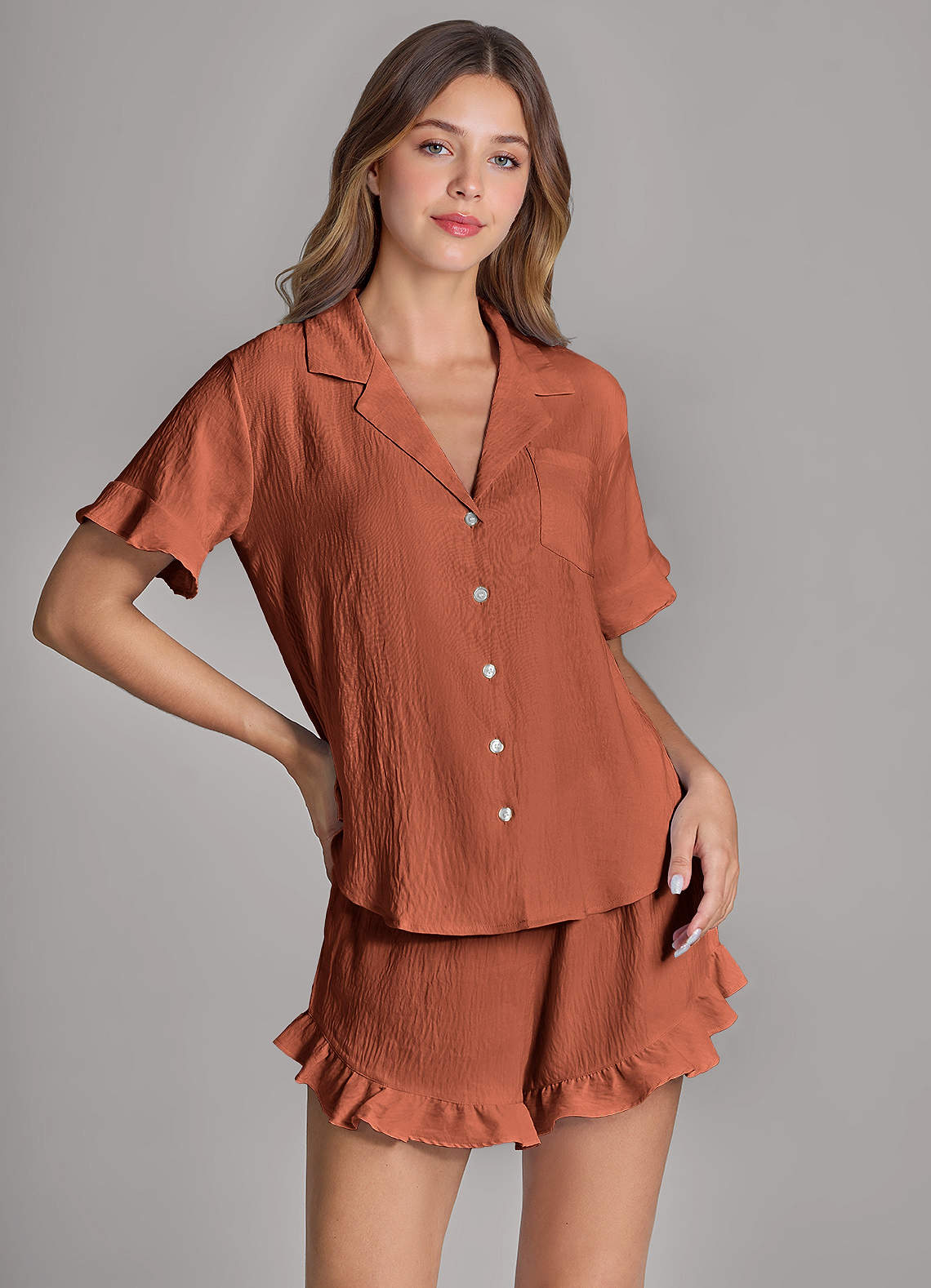 front Matching Color Ruffled Cloud-Soft Pajama Set