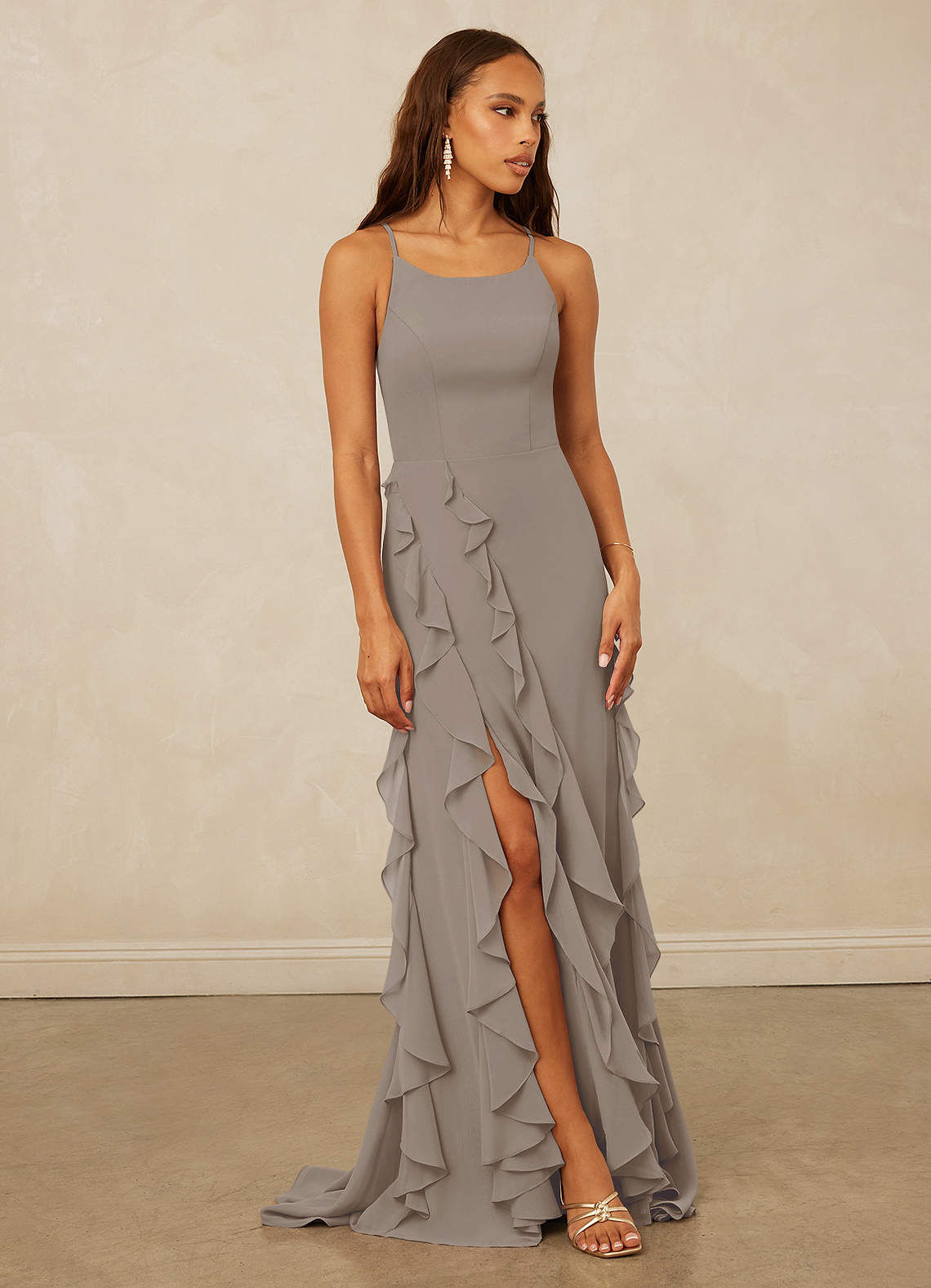 Christian Siriano Bridal for Azazie 1006 Robes de demoiselle d'honneur Robe Sirène en Mousseline de soie Rayé Taupe image1