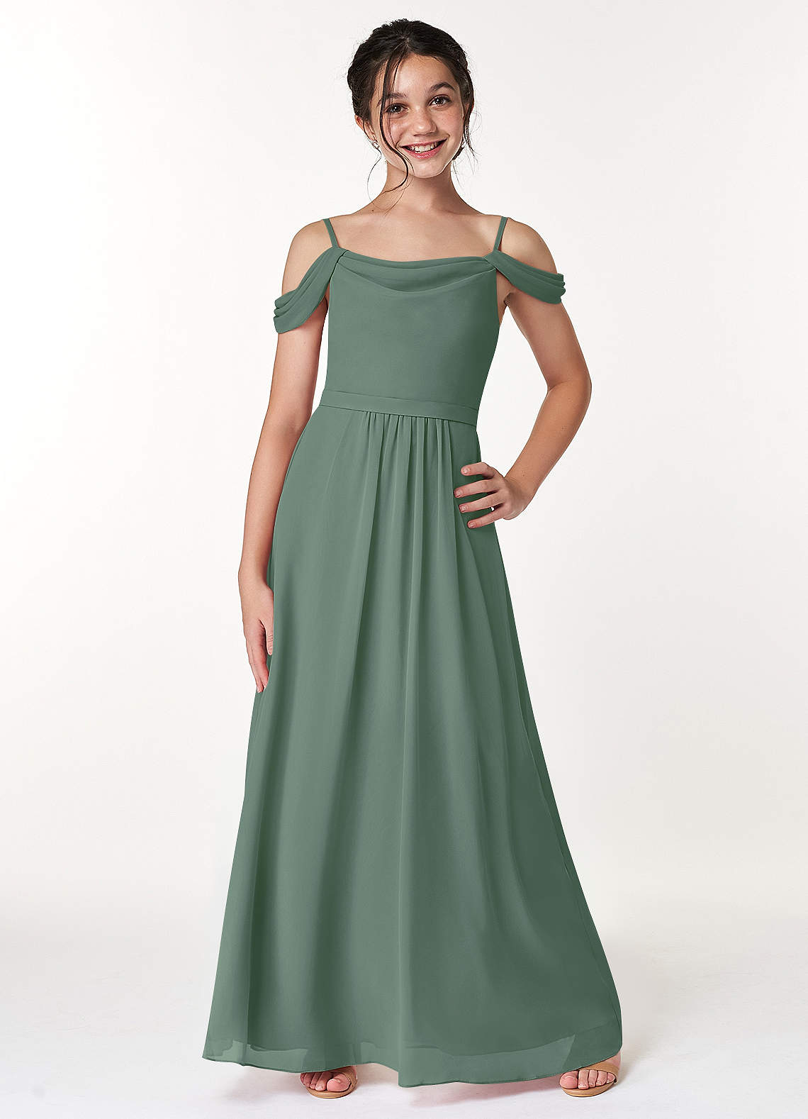 Azazie Alivia Junior Eucalyptus A-Line Off the Shoulder Chiffon Dress image1