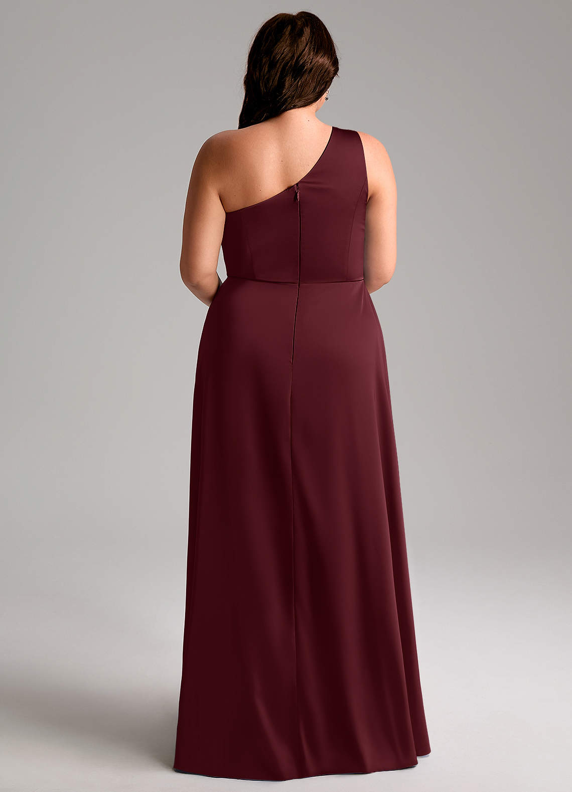 Azazie Brooke Vestidos de damas de honor Vestido de Cabernet de Satén Elástico de Corte en A con Hombro unilateral image8