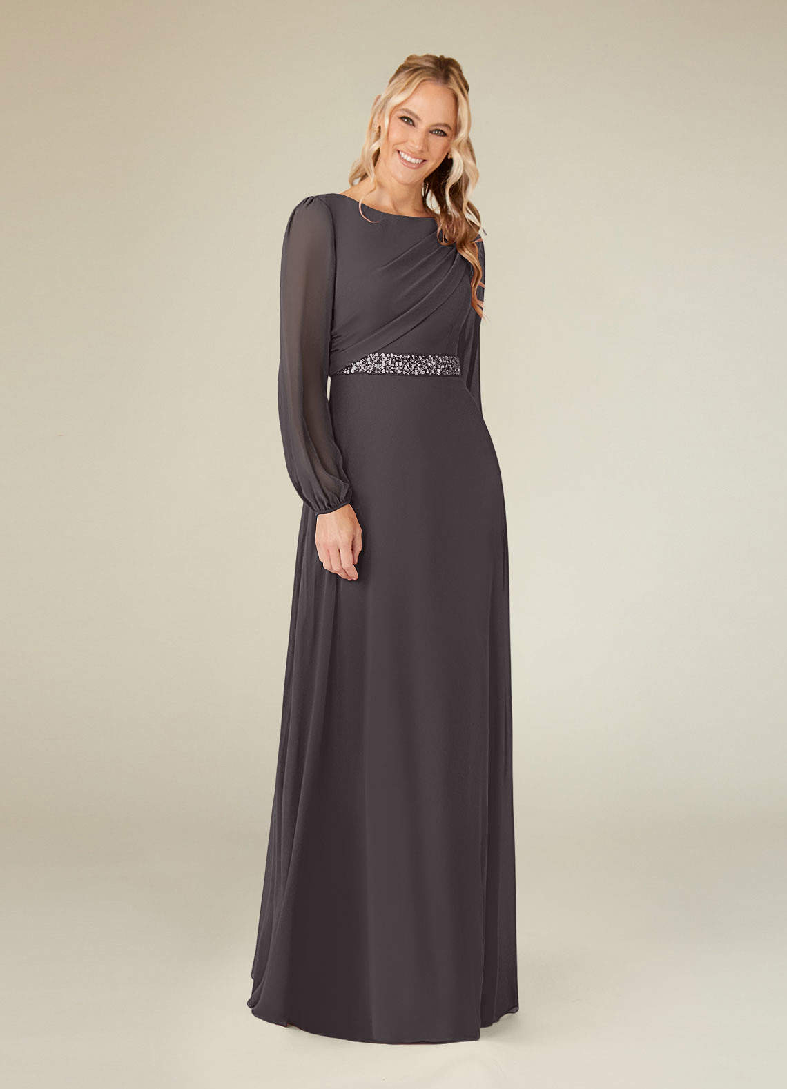 Azazie Priyanka vestidos de madre de la novia Vestido de Gris Acero de Gasa de Corte En A con Cuello barco plisado image1