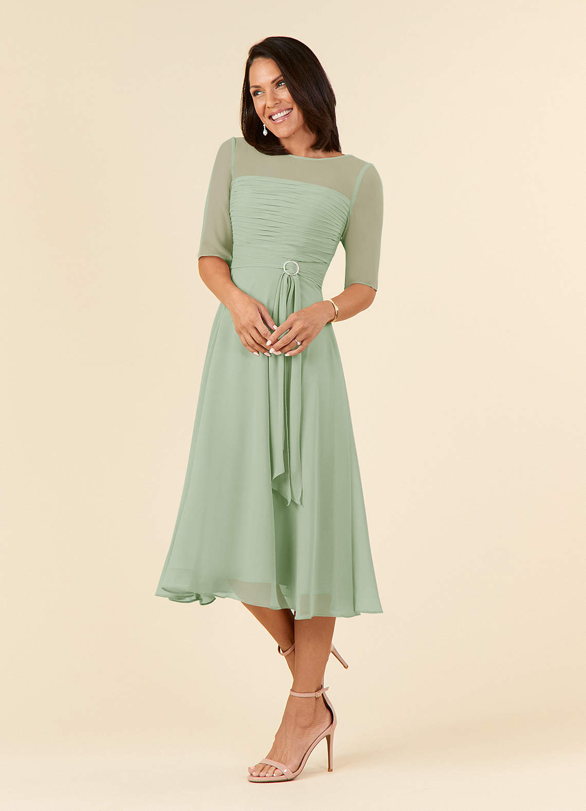 Azazie Naomi Dusty Sage ALine Boatneck Pleated Chiffon Dress Azazie