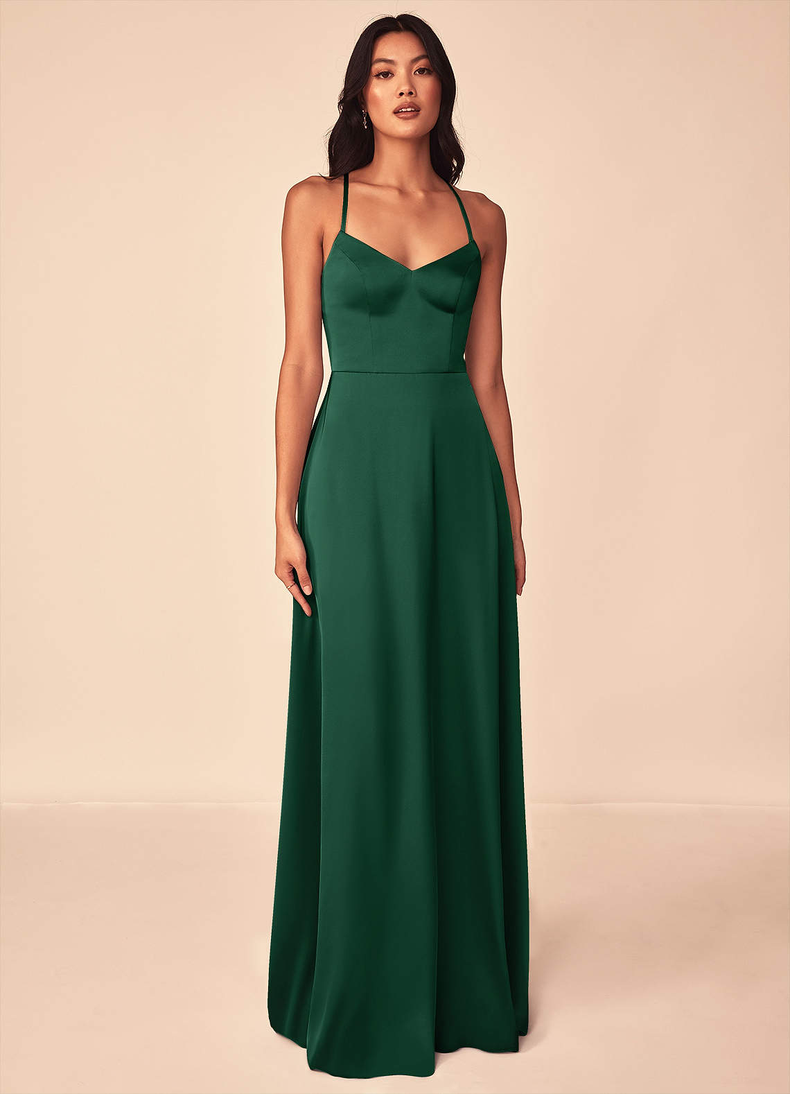 Azazie Mei Brautjungfernkleider A-Linie V-Hals Stretch-Satin Kleid Dunkelgrün image1
