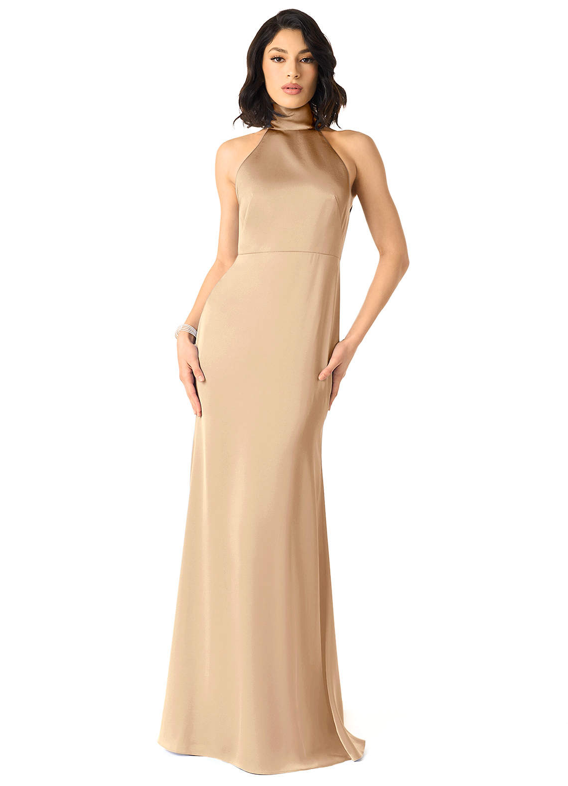 Azazie x Delaney Bridesmaid Dresses Champagne Sheath High Neck Stretch Satin Dress image1