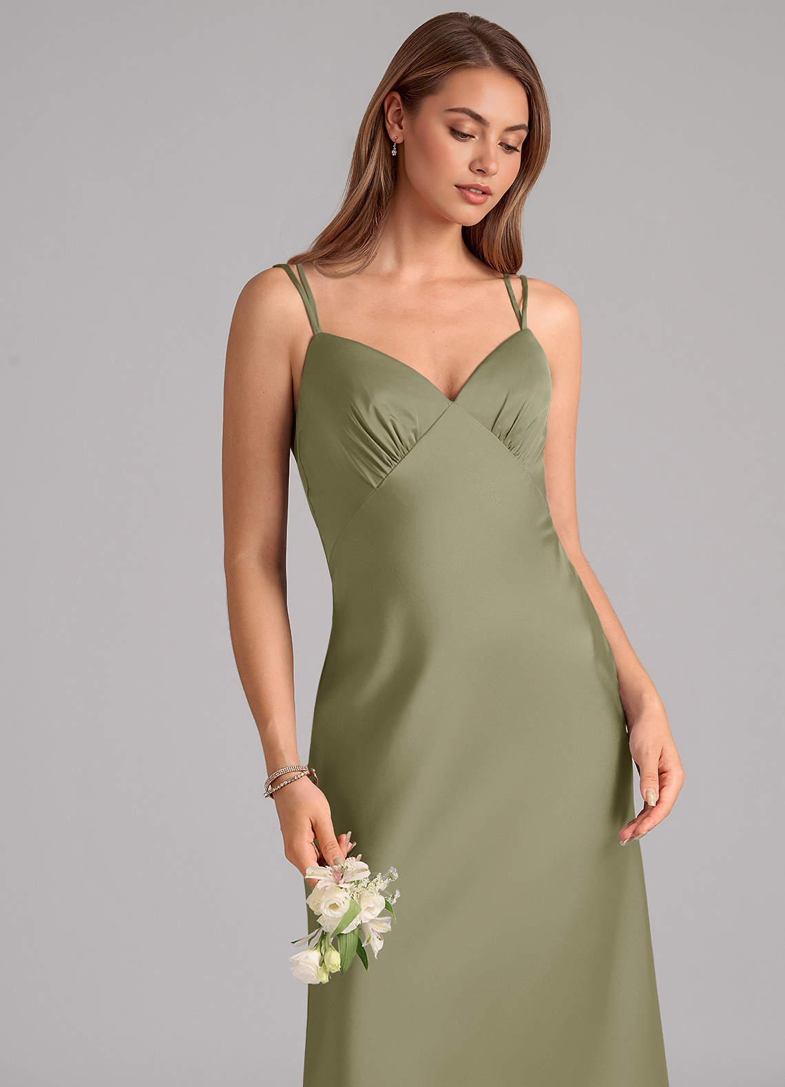 Azazie Suttona Vestidos de damas de honor Vestido de Pistacho de Satén Elástico de Corte en A con Plisado image6
