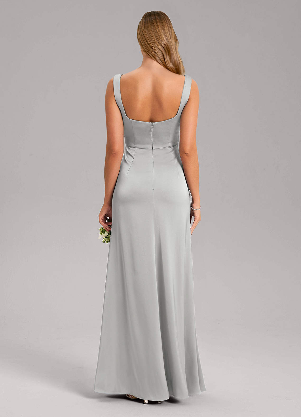 Azazie Frostine Bridesmaid Dresses Silver A-Line Bow Stretch Satin Dress image1