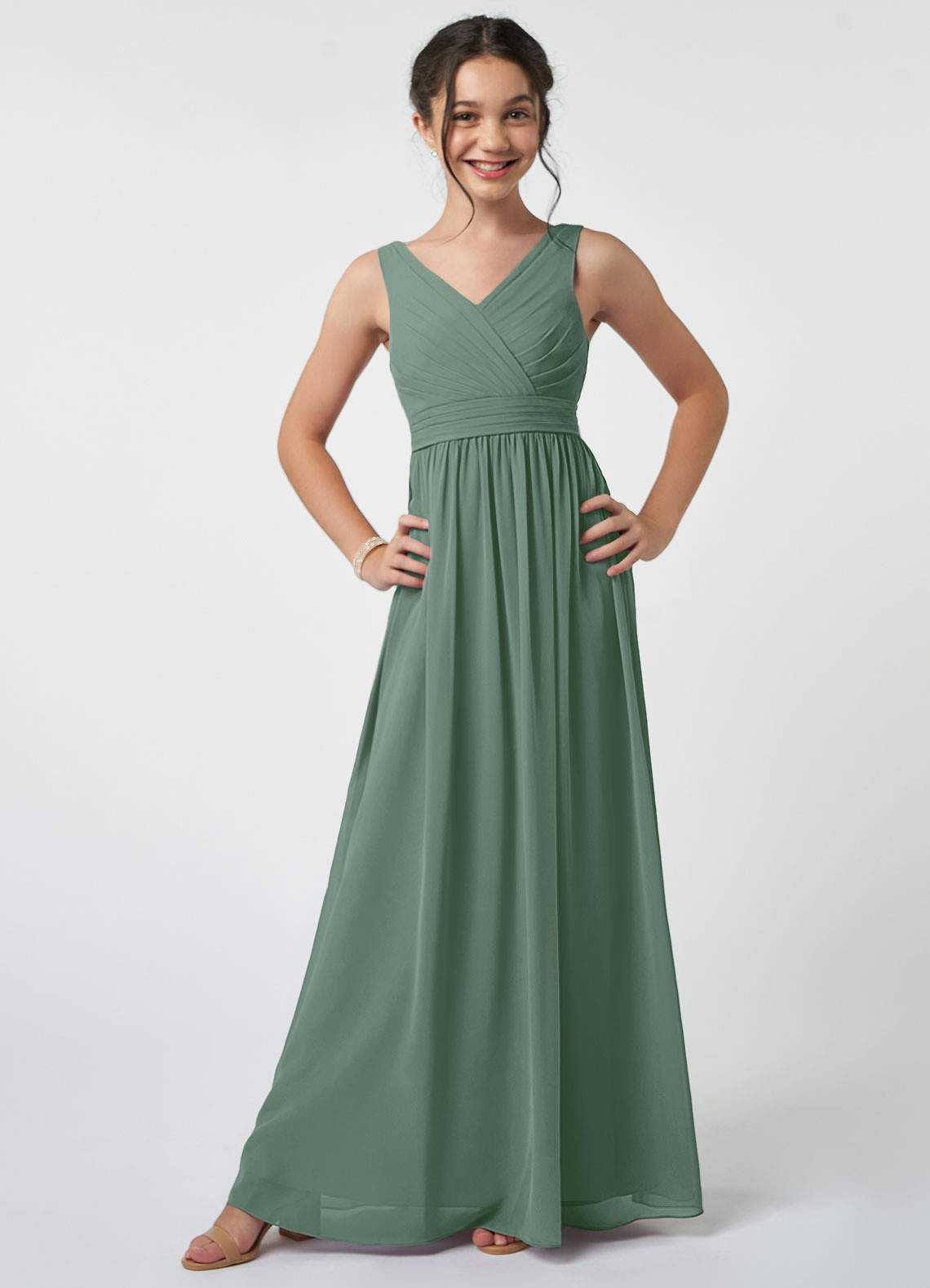 Azazie Kora Vestido de Eucalipto de Gasa/ Chiffon de Acampanado con Plisado image1