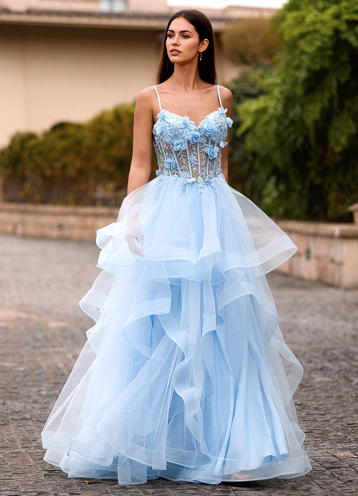 Dreama Sky Blue Lace Corset Ruffle Prom Dress | Azazie