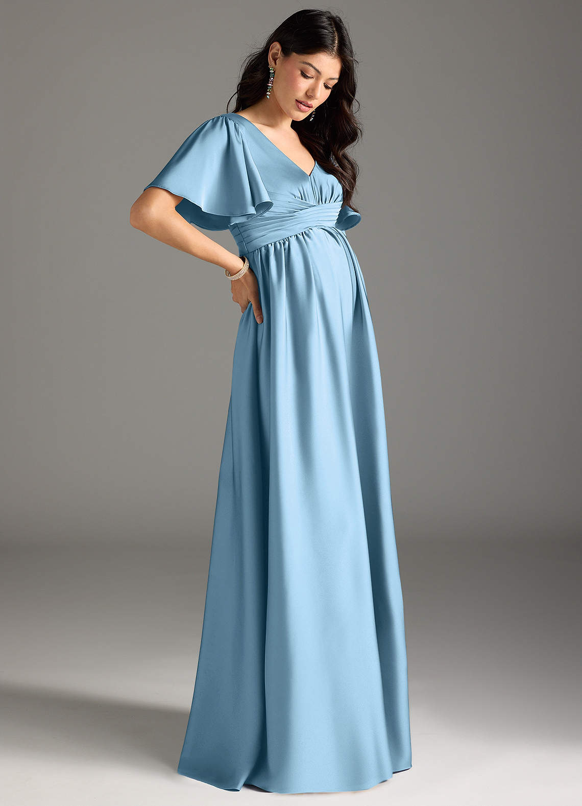 Azazie Verna Maternity Bridesmaid Dresses A-Line Ruched Stretch Satin Floor-Length Dress image5