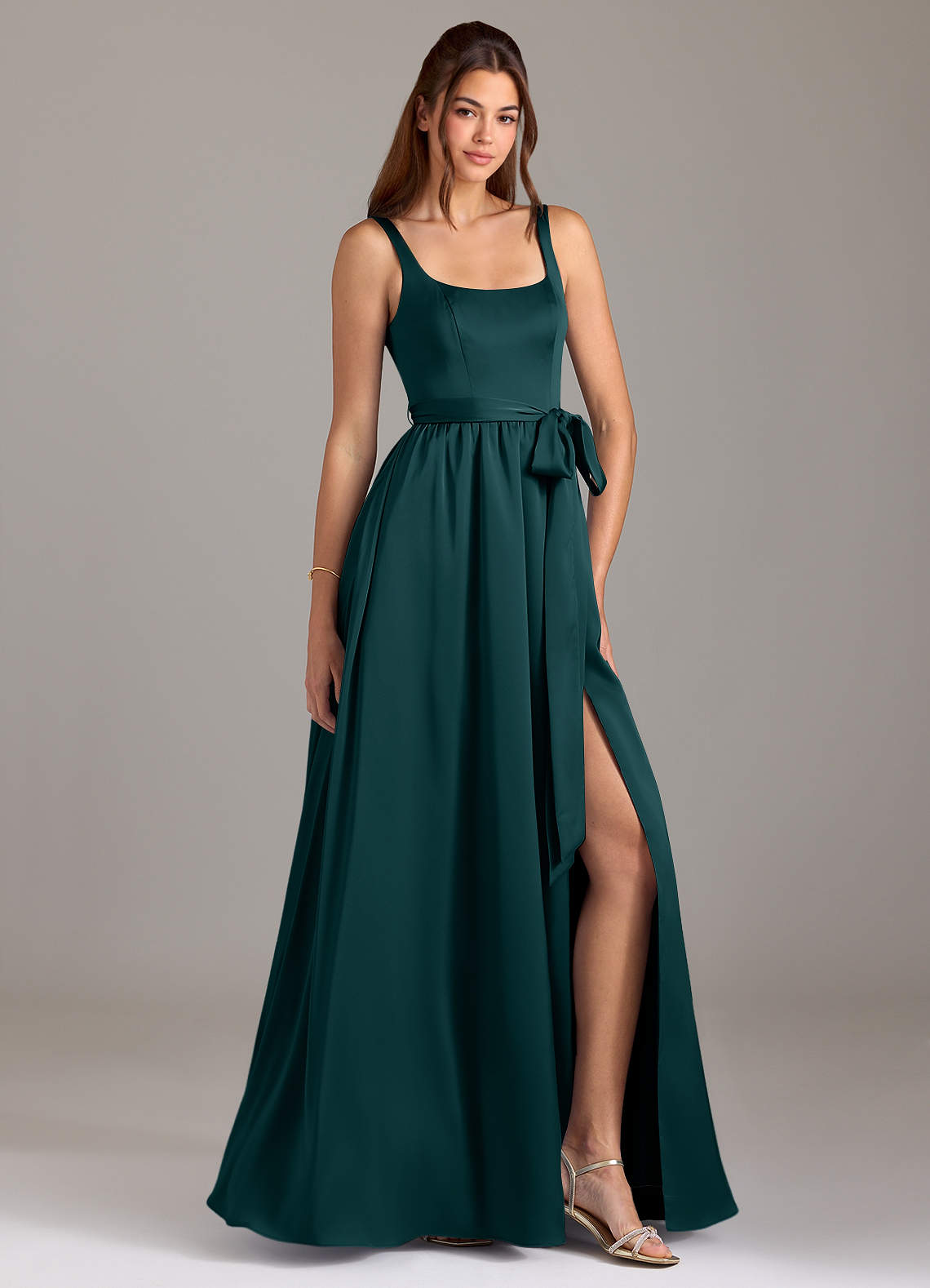 Azazie Elliott Bridesmaid Dresses Pine A-Line with Pockets Stretch Satin Dress image1