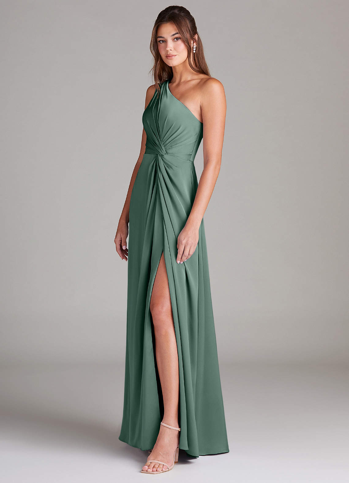 Azazie Brooke Bridesmaid Dresses Eucalyptus A-Line One Shoulder Stretch Satin Dress image4