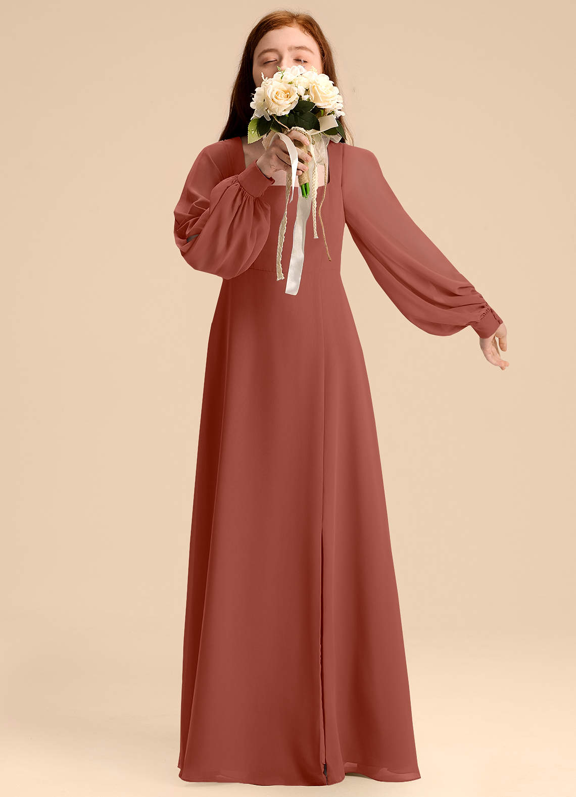 Azazie Bondi Junior Auburn A-Line Blouson Chiffon Dress image1