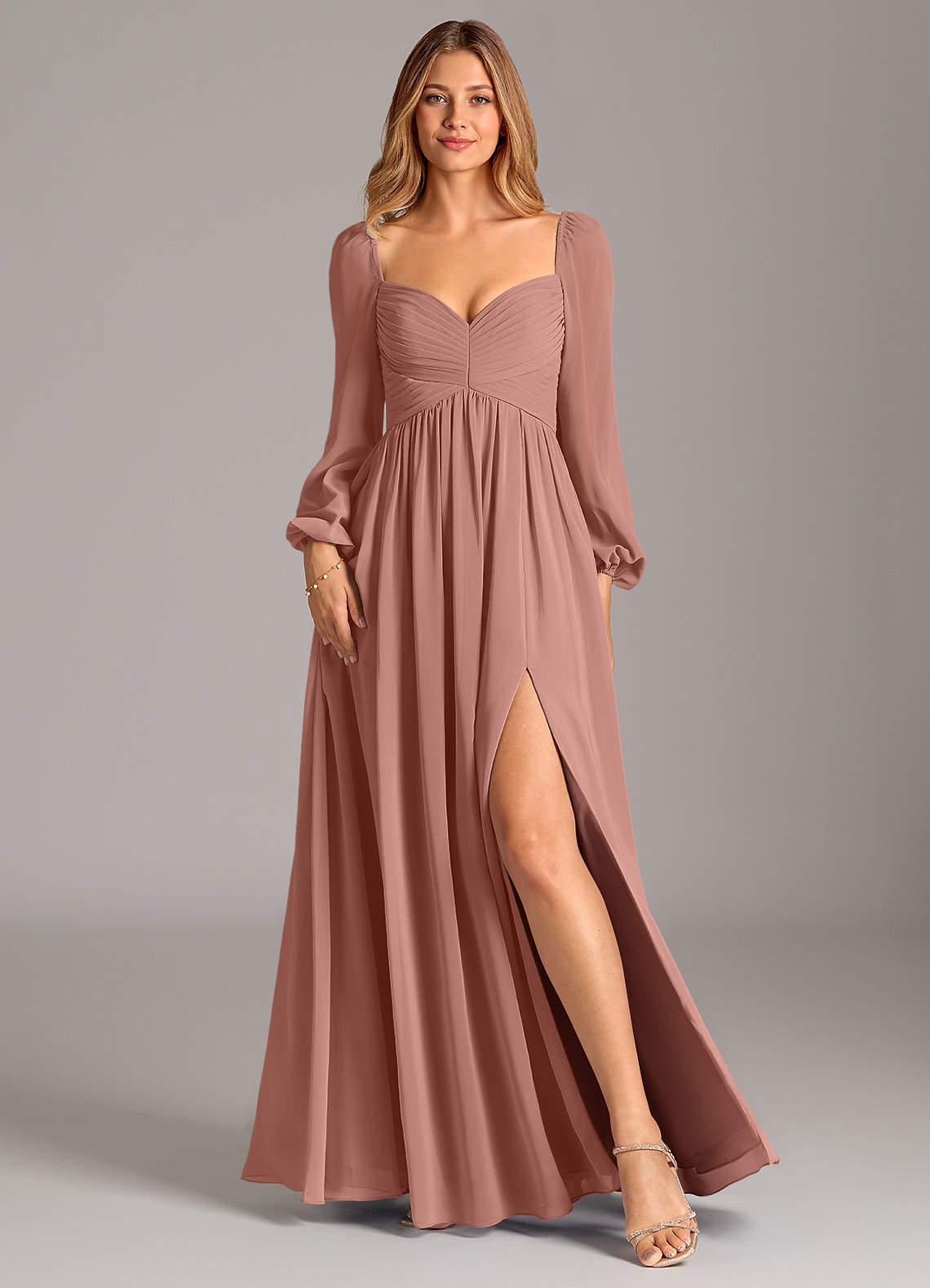 Azazie Alia Brautjungfernkleider A-Linie Langarm Chiffon Kleid Zedernrose image1
