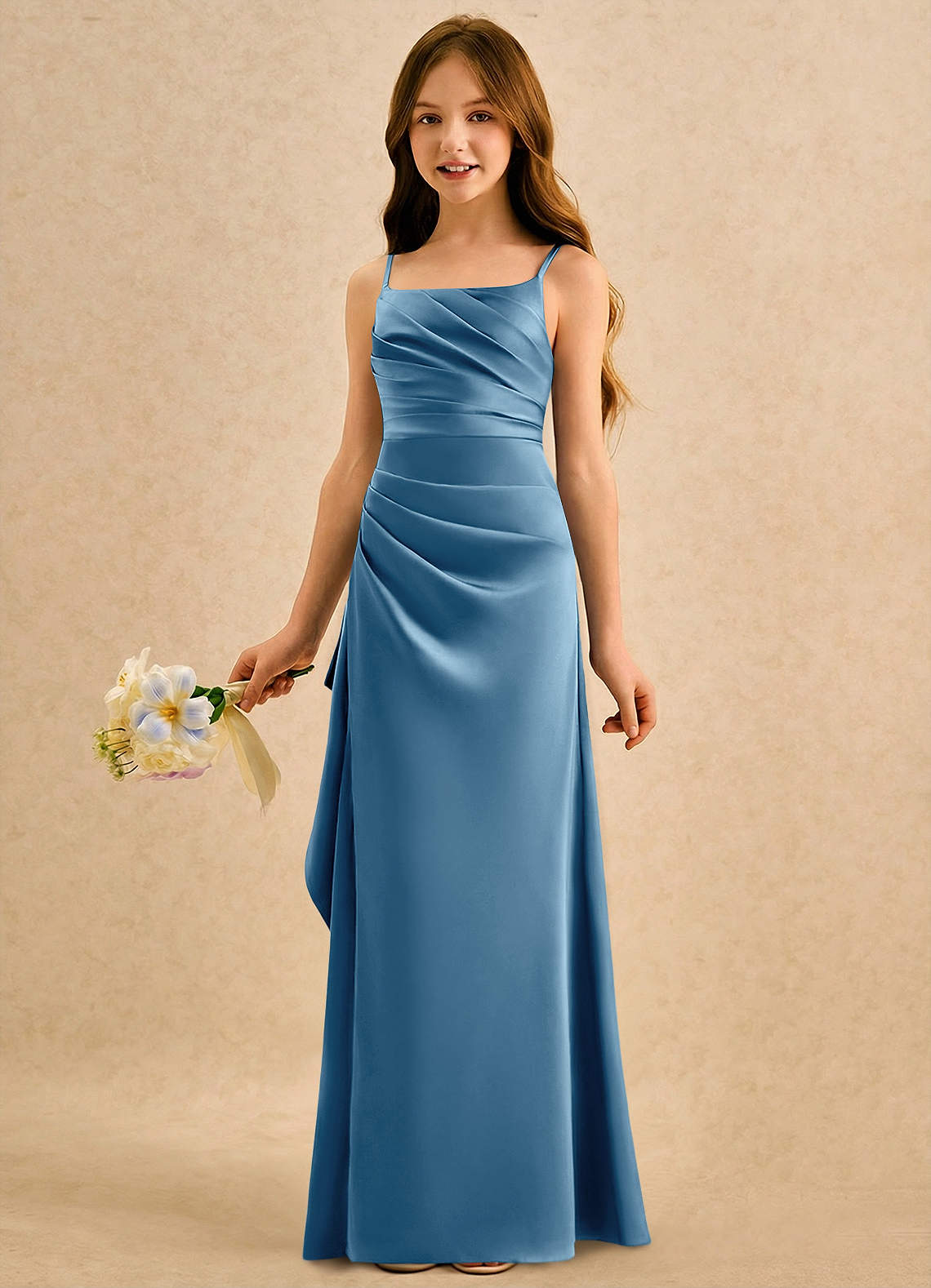 Azazie Cannoli Girls Formal Vestidos de florista Vestido Aço Azul de Cetim fosco de Linha A com Plissado image4