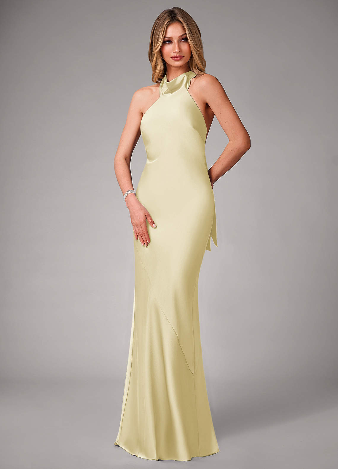 Azazie Velli Bridesmaid Dresses Lemon Sorbet Mermaid High Neck Stretch Satin Dress image2
