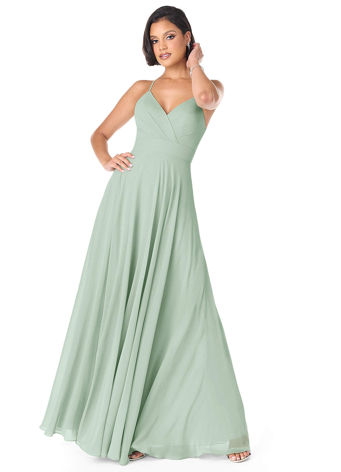 Azazie Avelina Bridesmaid Dresses Agave A-Line V-Neck Pleated Chiffon Dress image1