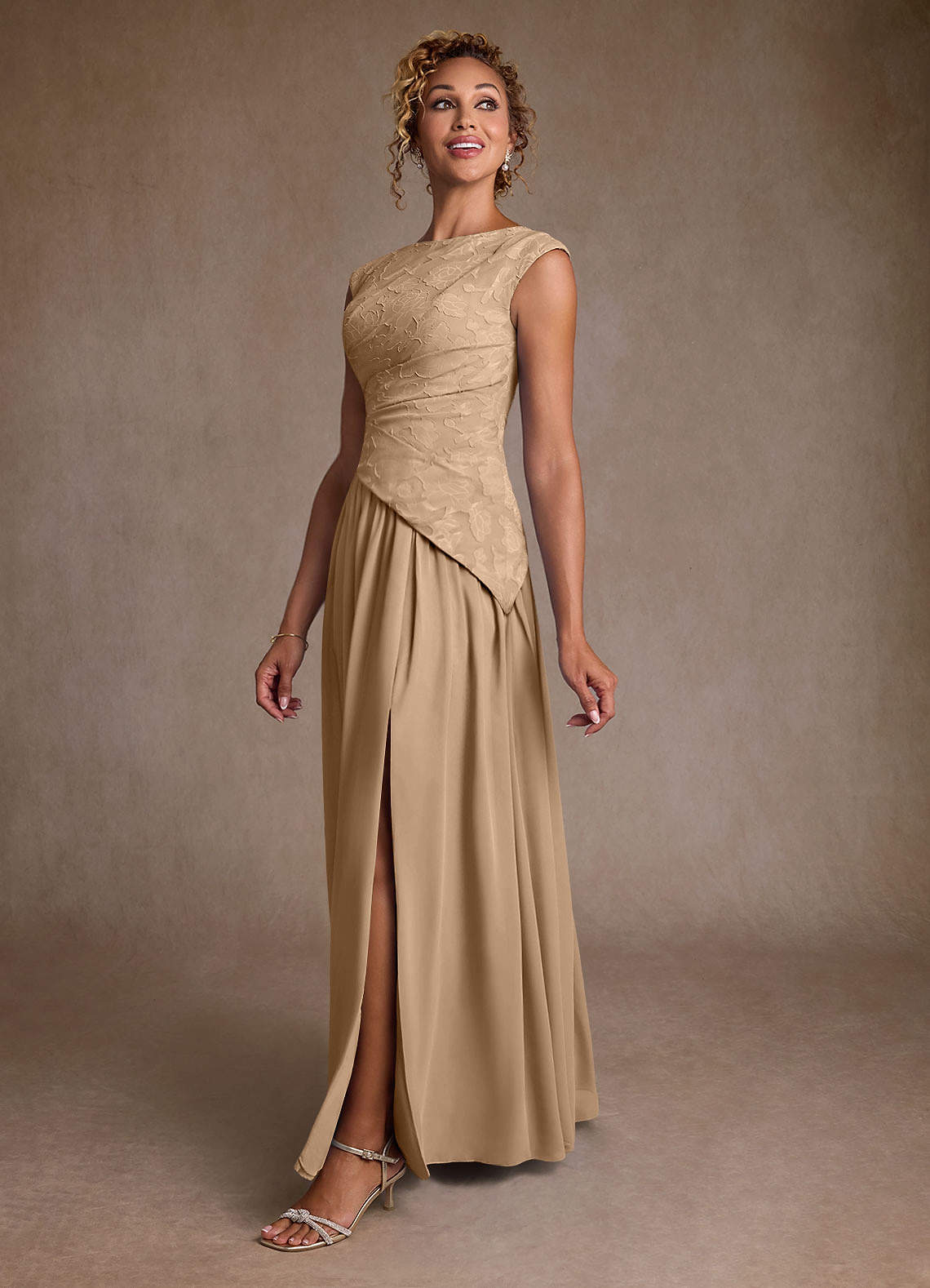Azazie Kalleen Champagne A-Line Pleated Chiffon Dress | Azazie