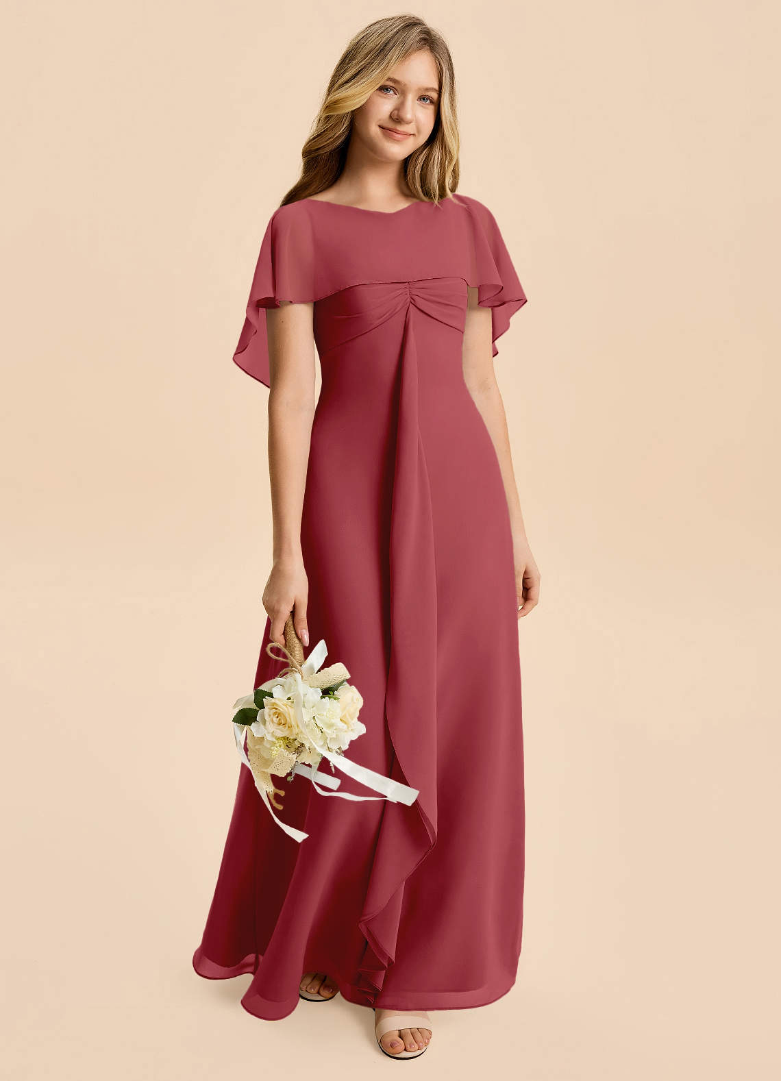 Azazie Selena Junior Pomegranate A-Line Ruched Chiffon Dress image4
