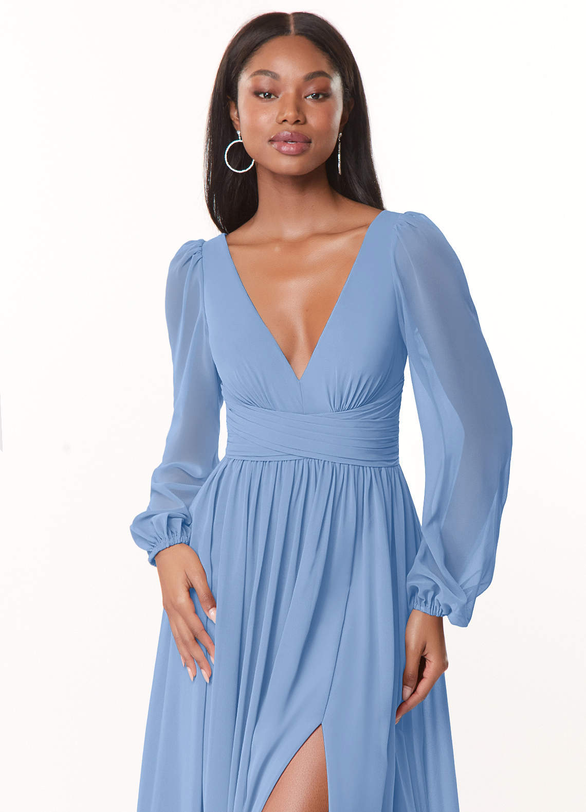 Azazie Norah Bridesmaid Dresses Steel Blue A-Line V-Neck Long Sleeve Chiffon Dress image4