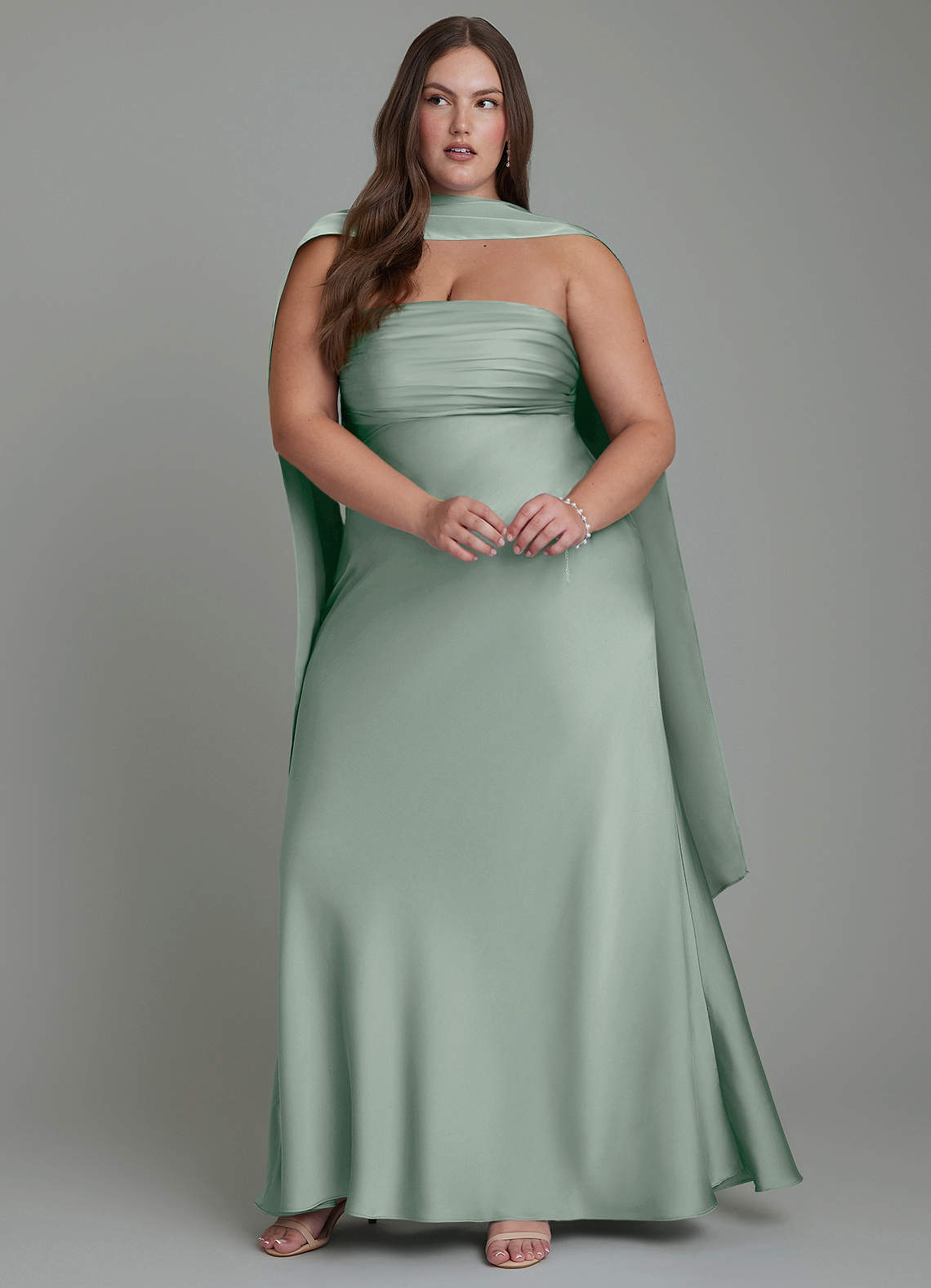 Azazie Saylor At-home Try On Dresses Agave Mermaid Strapless Stretch Satin Dress image14