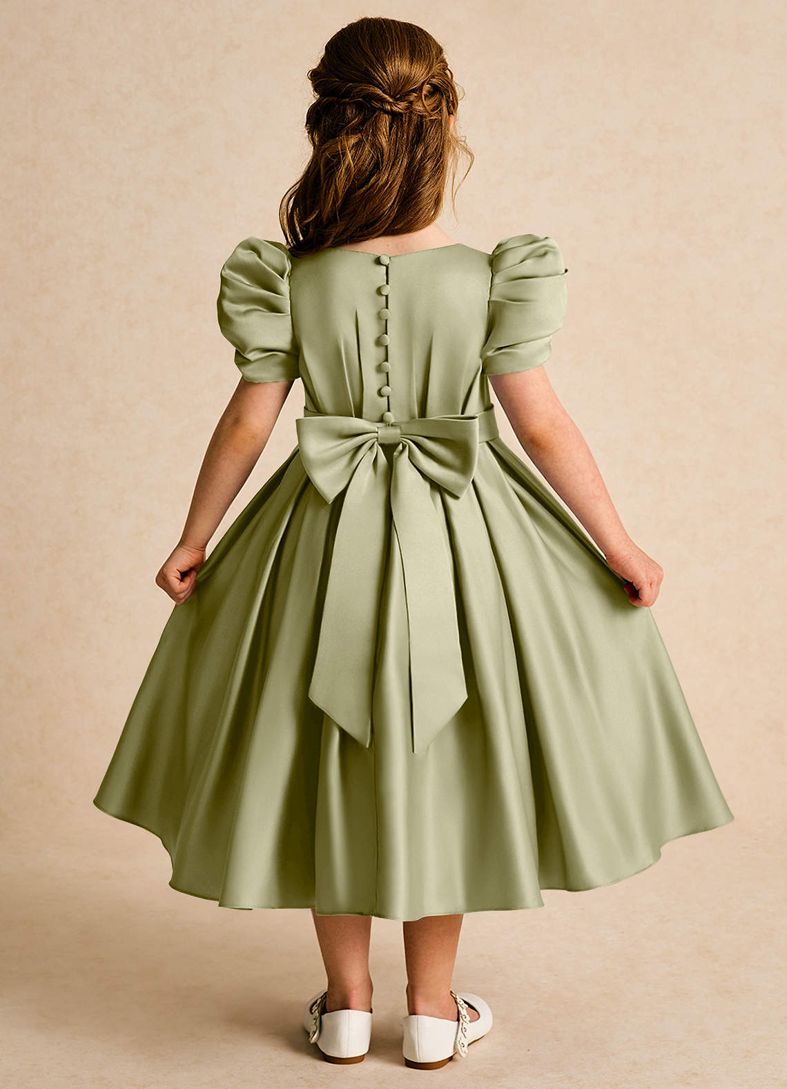 Azazie Miriam Abiti da Ragazza di Fiori Abito Principessa in Raso Opaco Plissettato Verde Muschio image1