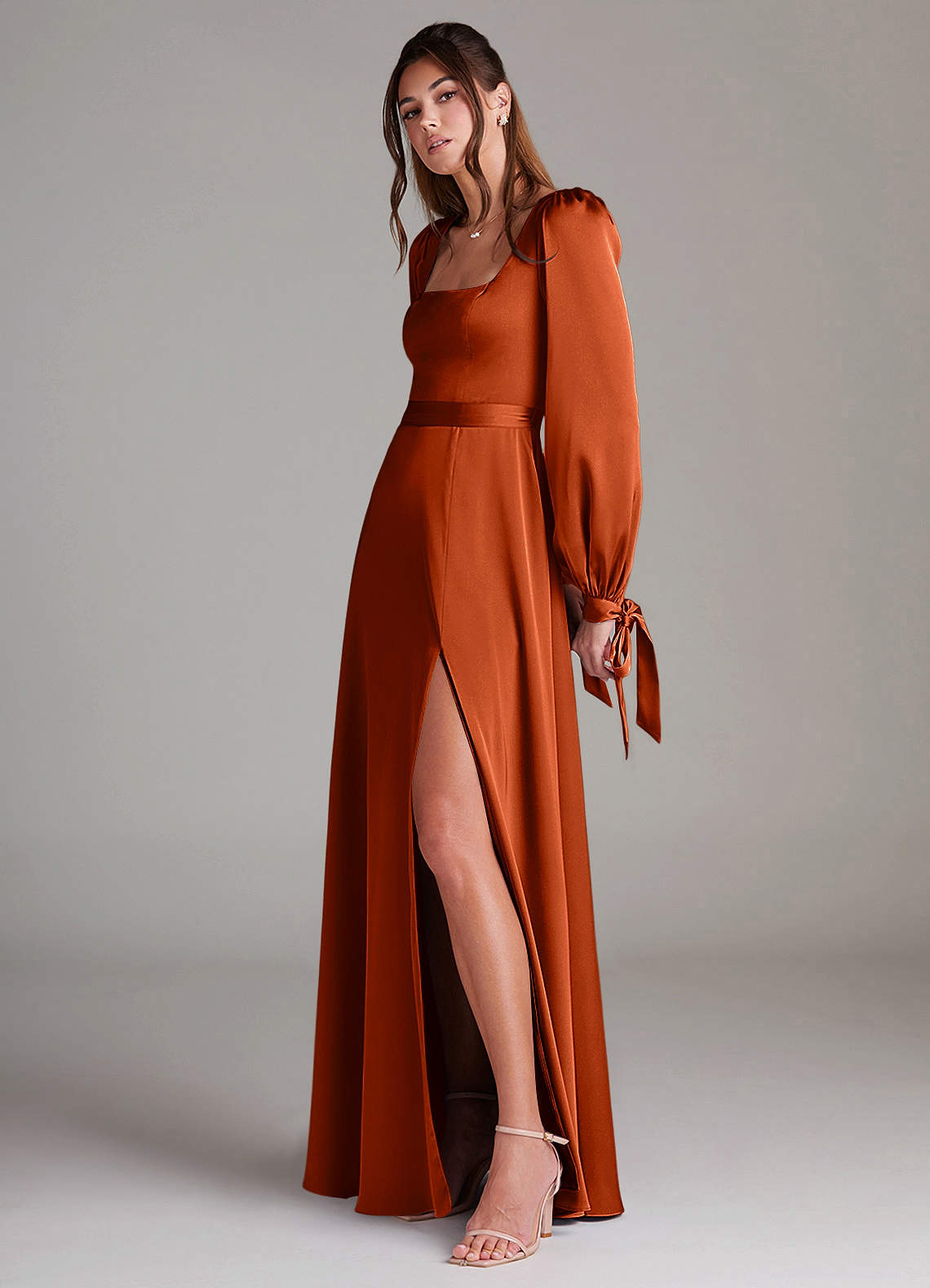 Azazie Leonia Bridesmaid Dresses Paprika A-Line Long Sleeve Stretch Satin Dress image4