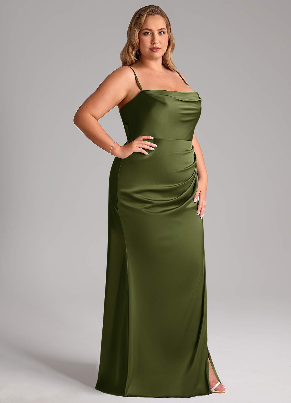 Azazie Leonis Bridesmaid Dresses Olive Mermaid Pleated Stretch Satin Convertible Dress image13