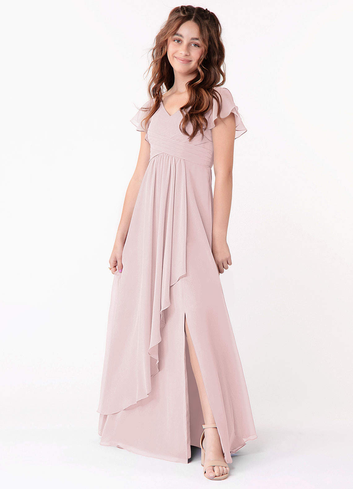 Azazie Omari Junior Blushing Pink A-Line Ruched Chiffon Dress image1