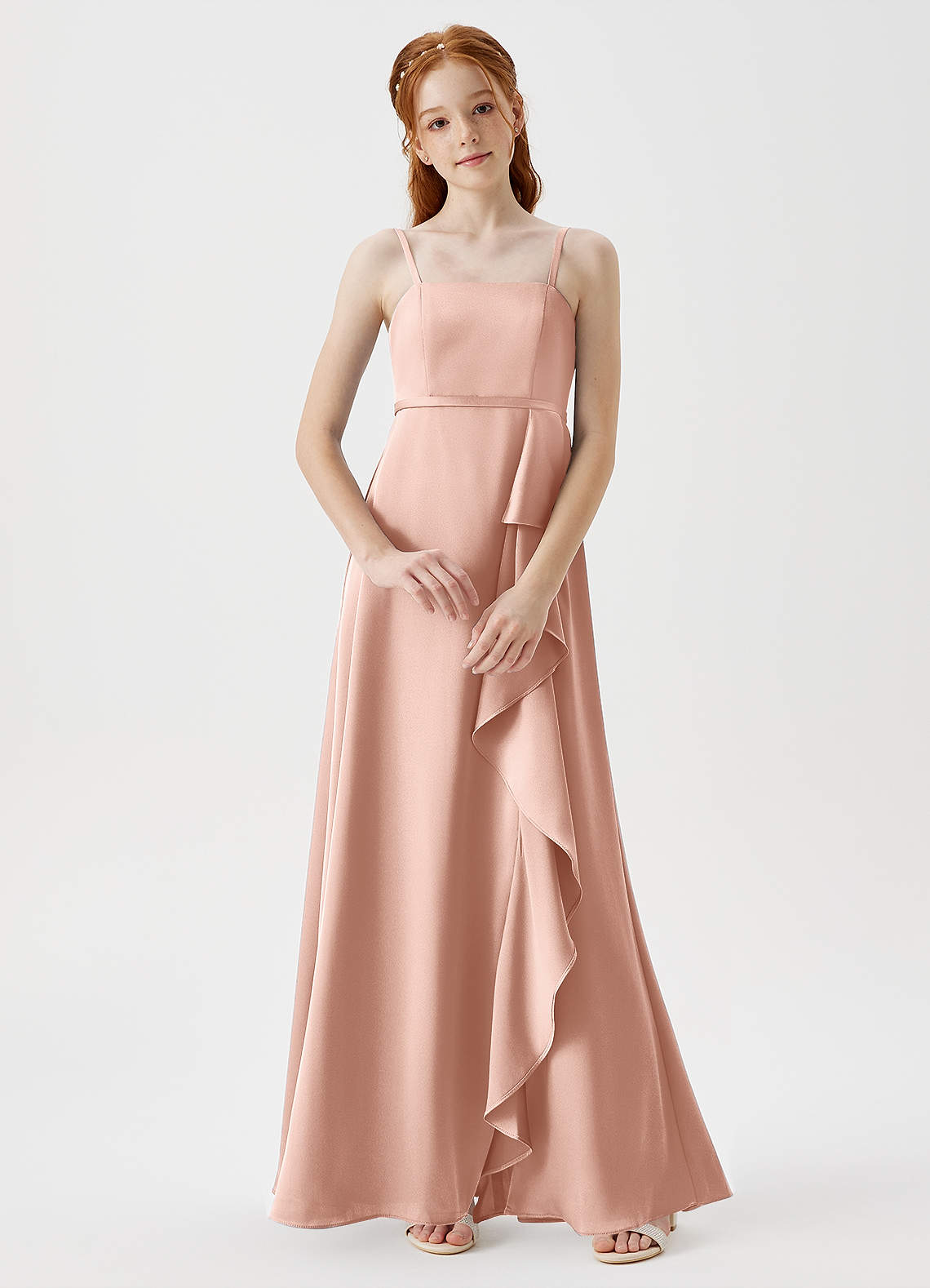 Azazie Kaylee Junior Rose Gold A-Line with Belt Stretch Satin Dress image1